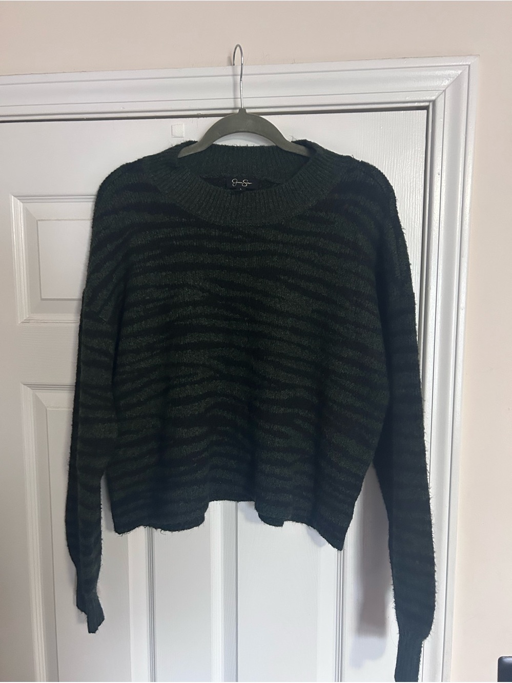 Jessica Simpson Olive Green and Black Striped Crewneck Sweater